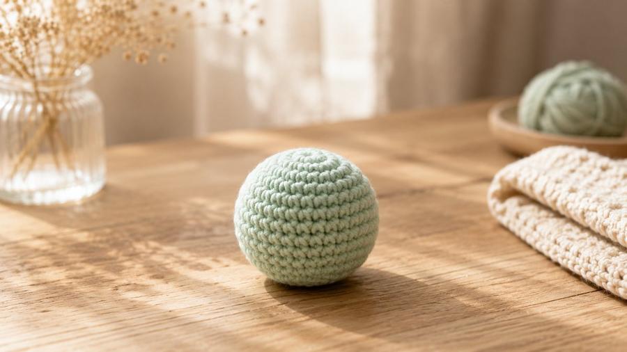 Mint green crochet amigurumi ball on a sunlit wooden table