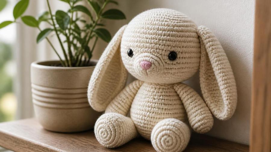 A cream amigurumi bunny with long floppy ears and a pink embroidered nose, sitting on a wooden shelf next to a potted plant.