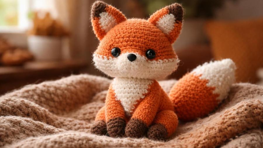 An orange and white amigurumi fox with dark paws and a fluffy white-tipped tail, sitting on a knitted blanket.