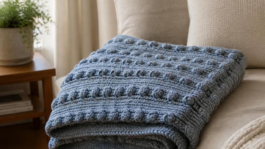 A folded dusty blue crochet throw blanket with raised bobble stitch rows, resting on a beige armchair.