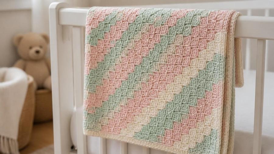 A corner-to-corner crochet baby blanket in diagonal pink, mint, and cream stripes, draped over a white crib rail.
