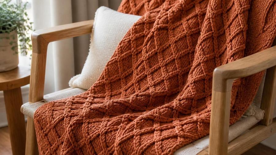 A rust-orange crochet throw blanket with a raised diagonal diamond trellis lattice texture, draped over a wooden armchair.