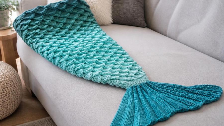 A teal ombre crochet mermaid tail blanket with overlapping crocodile-stitch scales, narrowing into a ribbed fin, laid across a grey sofa.