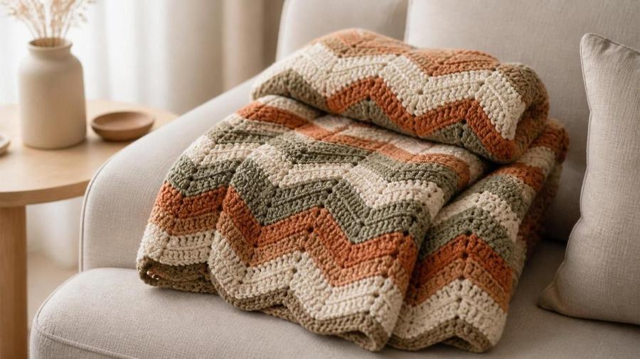 A folded ripple-stitch crochet blanket in a chevron color pattern on a sofa